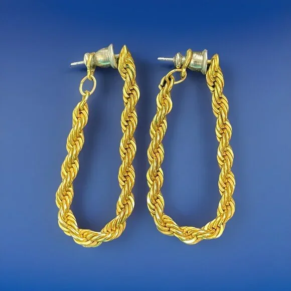 Vintage Signed NAPIER Rope HOOP Gold-tone Pierced Earrings - Picture 1 of 6